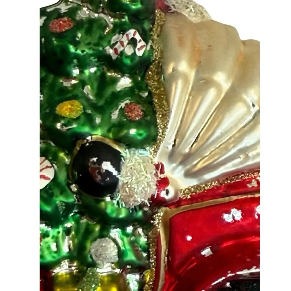 Lg Santa Riding Vintage Car Jalopy Glass Ornament w/Tree Teddy Bear‎ 5.5